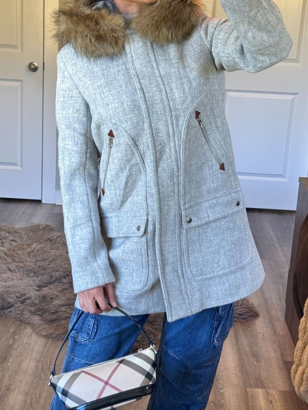 J Crew Nello Gori Gray Hooded Wool Coat Faux Fur Trim Womens 6 Luxury Minimalist